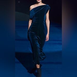 Zara blue velvet midi off the shoulder dress